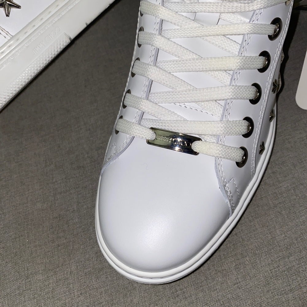 FINAL SALE Jimmy Choo colt studded star mid top WHITE sneakers logo NWT - Picture 9 of 9